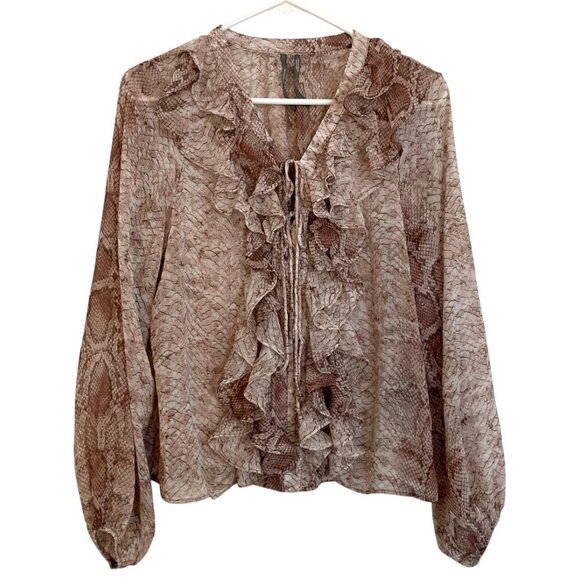 ANTHROPOLOGIE Long Sleeve Ruffled Snakeskin Print Blouse Brown - Picture 8 of 14